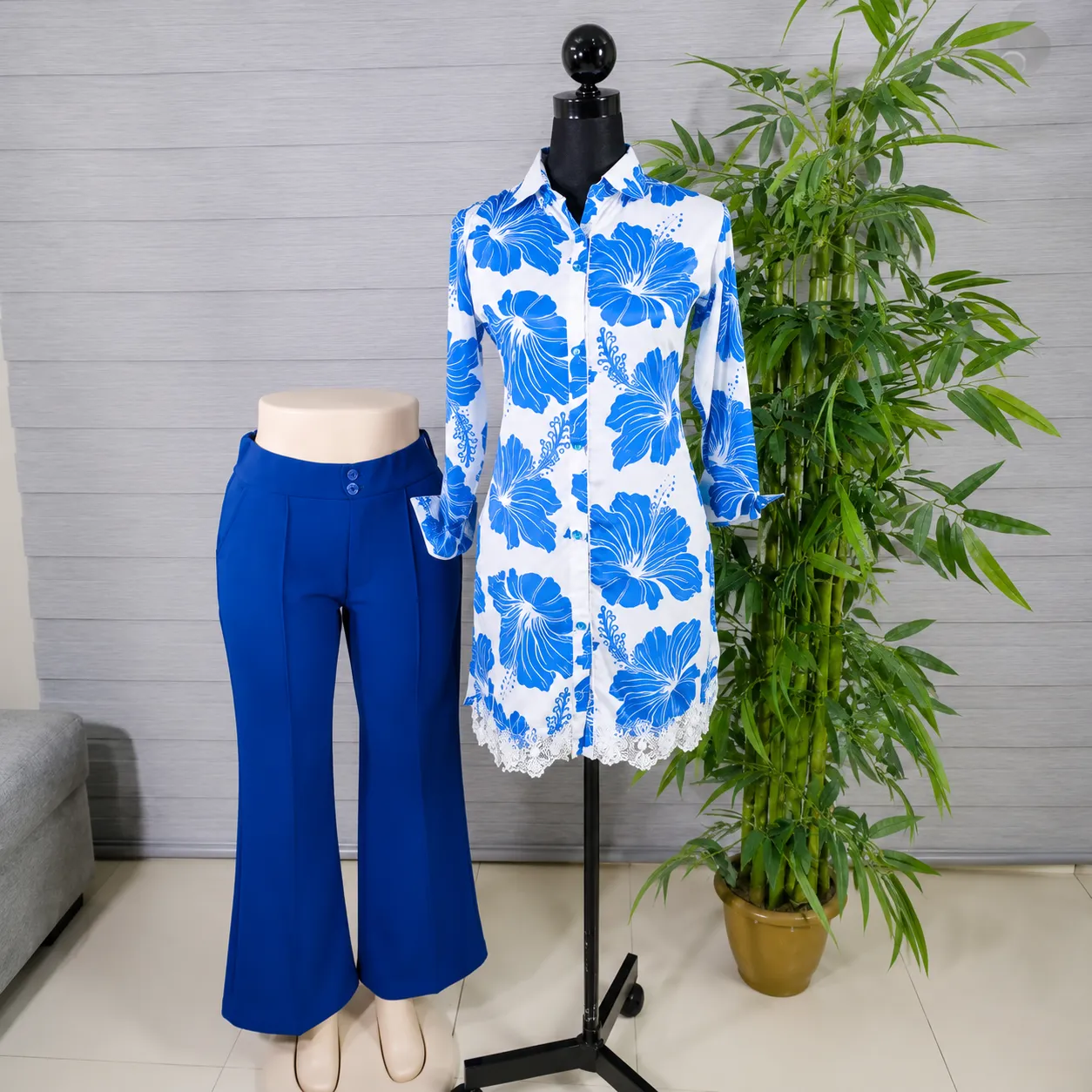 Blue Floral Printed Kurti with Navy Straight Pants